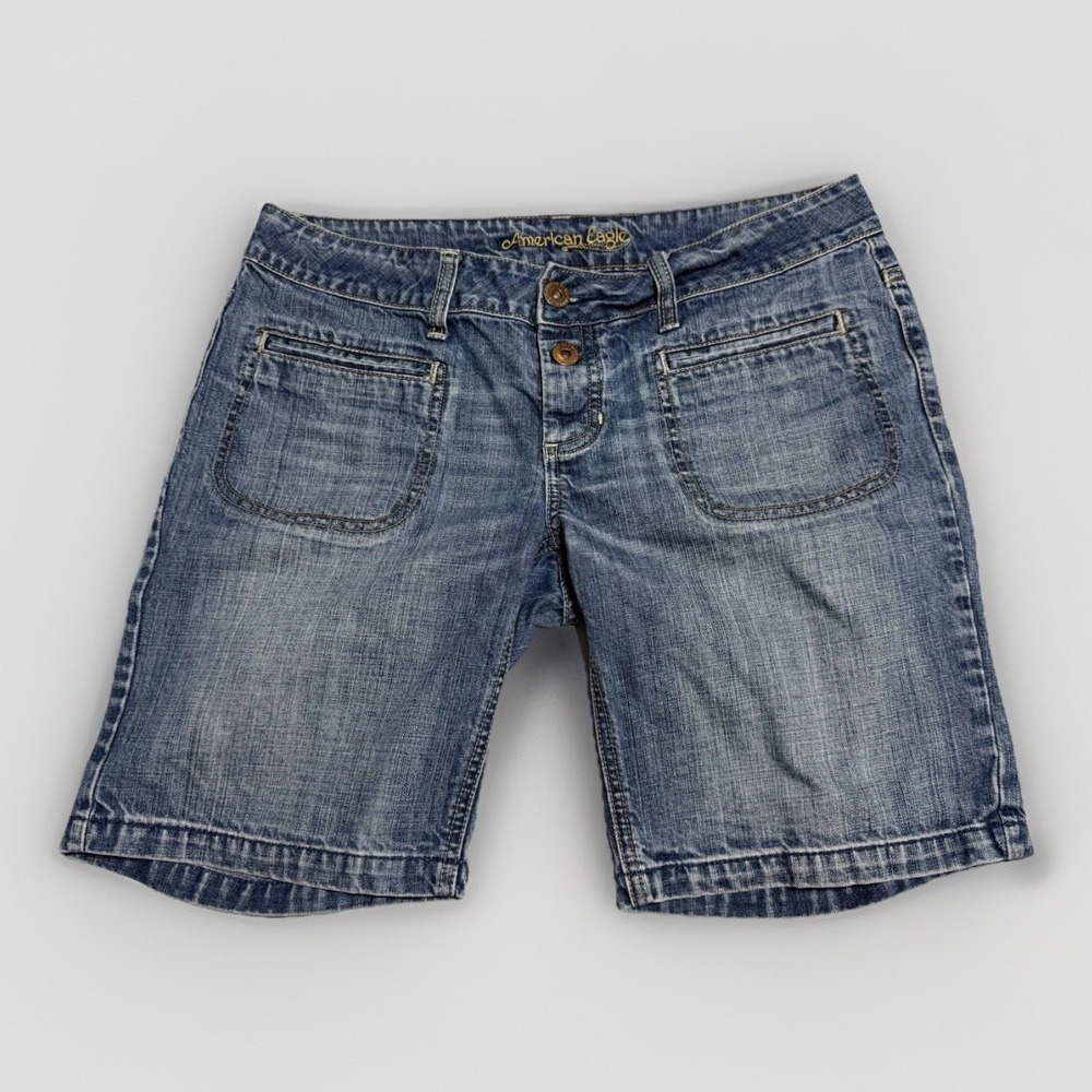 Y2K American Eagle Denim Bermuda Shorts Sz 12 Gold Script Low Rise 2000s‎
